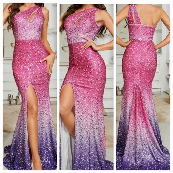 Hot Pink Ombre, Gradient, Diagonal Collar, Contrast Sequined Mermaid Go… - Picture 2 of 16